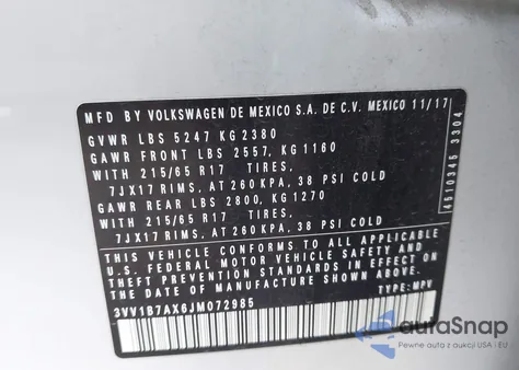 2018 Volkswagen Tiguan 2.0T S from USA, damaged, VIN 3VV1B7AX6JM072985